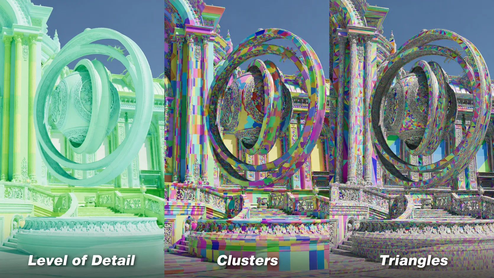 Three views of many statues show detailed meshes at left, triangle clusters in the center, and microtriangles at right, illustrating level-of-detail organization for RTX Mega Geometry.