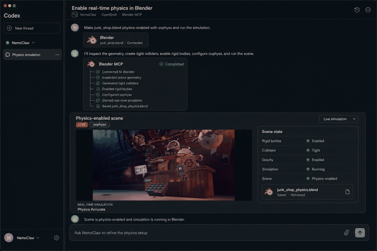 Gif of the Codex interface showing NemoClaw completing an "Enable real-time physics in Blender" task through Blender MCP. The completed step list includes: connected to Blender, inspected scene geometry, generated tight colliders, enabled rigid bodies, configured ovphysx, started real-time simulation, and saved junk_shop_physics.blend. A "Physics-enabled scene" panel shows a live ovphysx simulation of the junk-shop scene alongside a Scene State panel confirming: rigid bodies enabled, colliders tight, gravity enabled, simulation running, scene physics-enabled.
