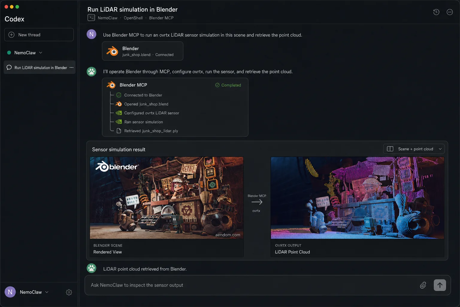 Screenshot of the Codex interface showing NemoClaw completing a "Run lidar simulation in Blender" task through Blender MCP. The completed step list includes: connected to Blender, opened junk_shop.blend, configured ovrtx lidar sensor, ran sensor simulation, and retrieved junk_shop_lidar.ply. A "Sensor simulation result" panel shows the original junk-shop rendered view alongside the ovrtx lidar point cloud output, where the scene is visualized in intensity-based colors (blues, purples, and yellows).
