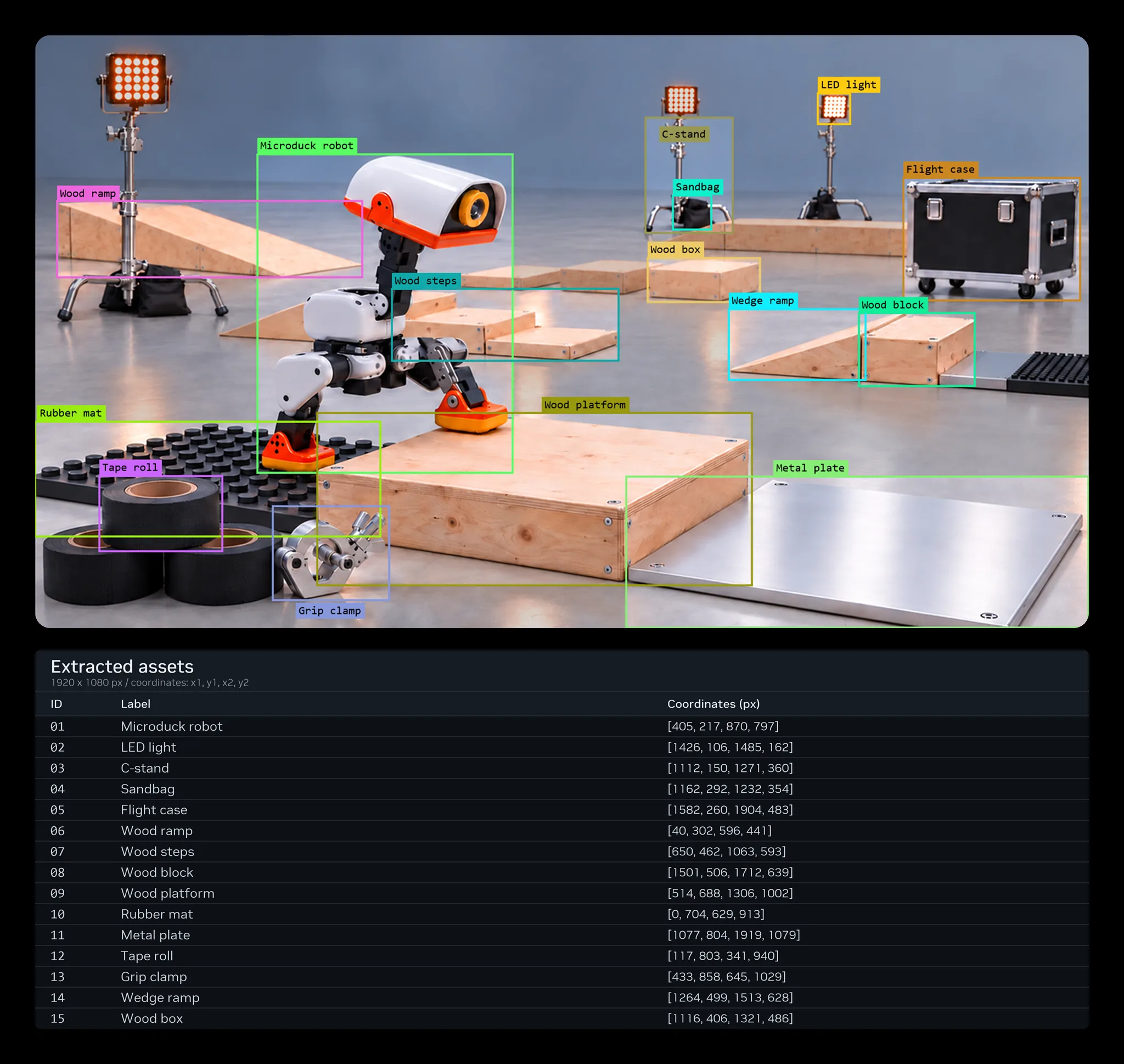 Annotated obstacle-course concept above an asset inventory listing object IDs, labels, and image coordinates for ramps, platforms, a mat, and a work light.