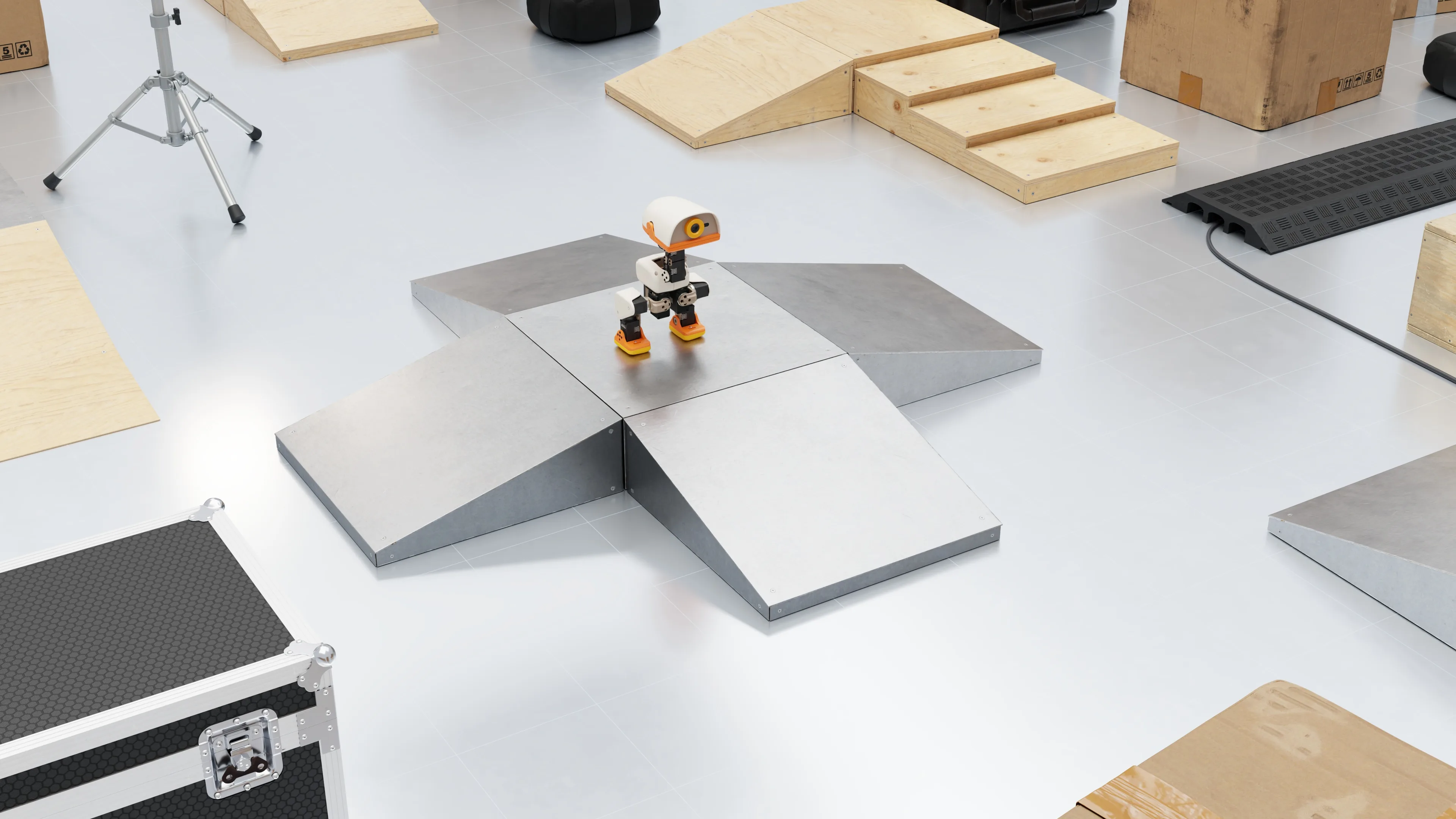 Microduck stands among ramps, wooden steps, flight cases, and mats in an Isaac Sim obstacle course.