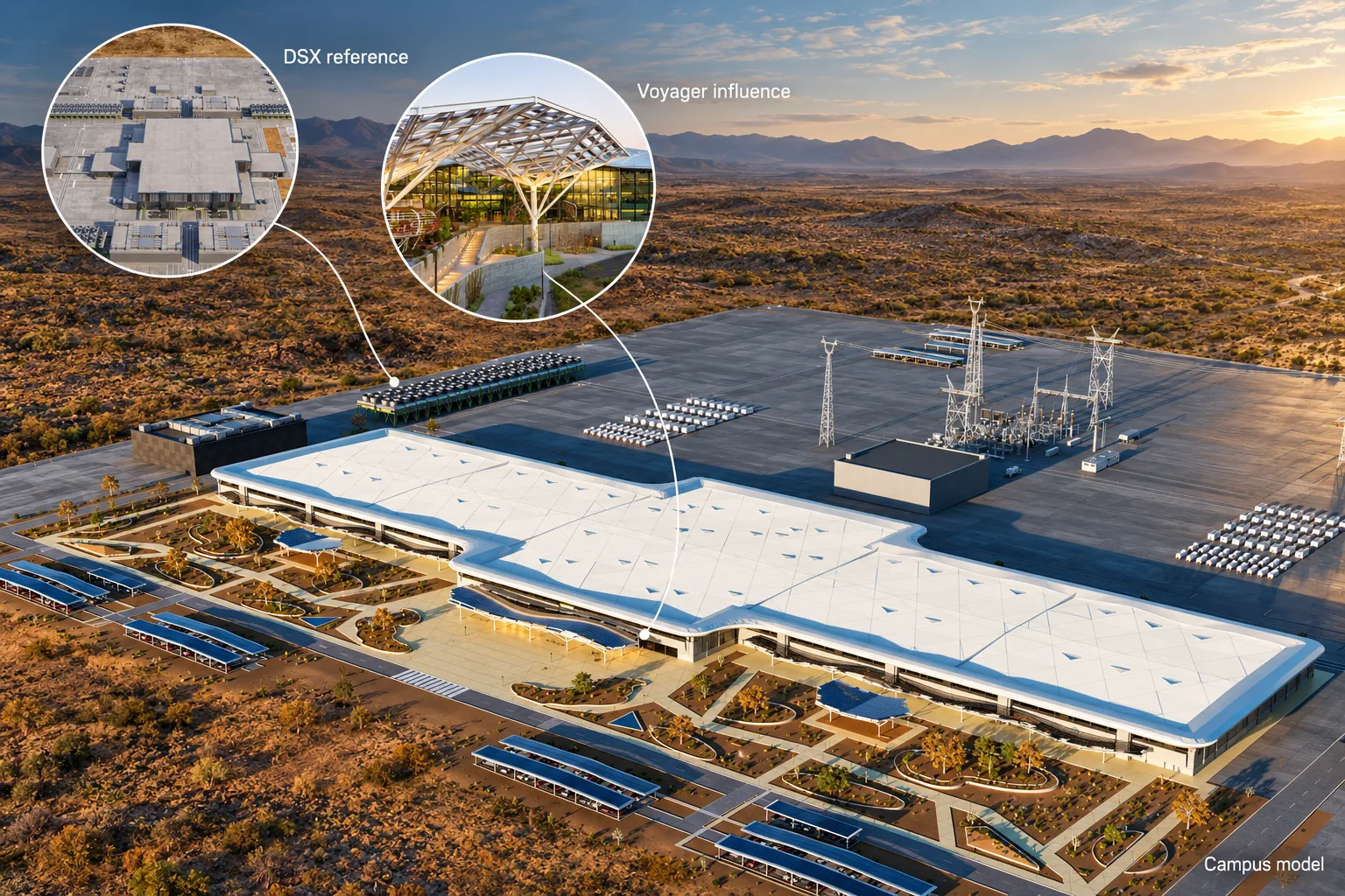 Aerial campus rendering with callouts showing DSX reference infrastructure and Voyager-inspired architecture.
