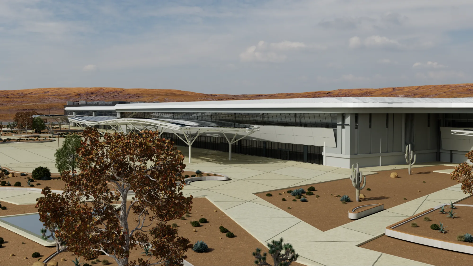 AI factory campus site rendering with a Voyager-inspired facade, solar canopies, walkways, and desert landscaping.
