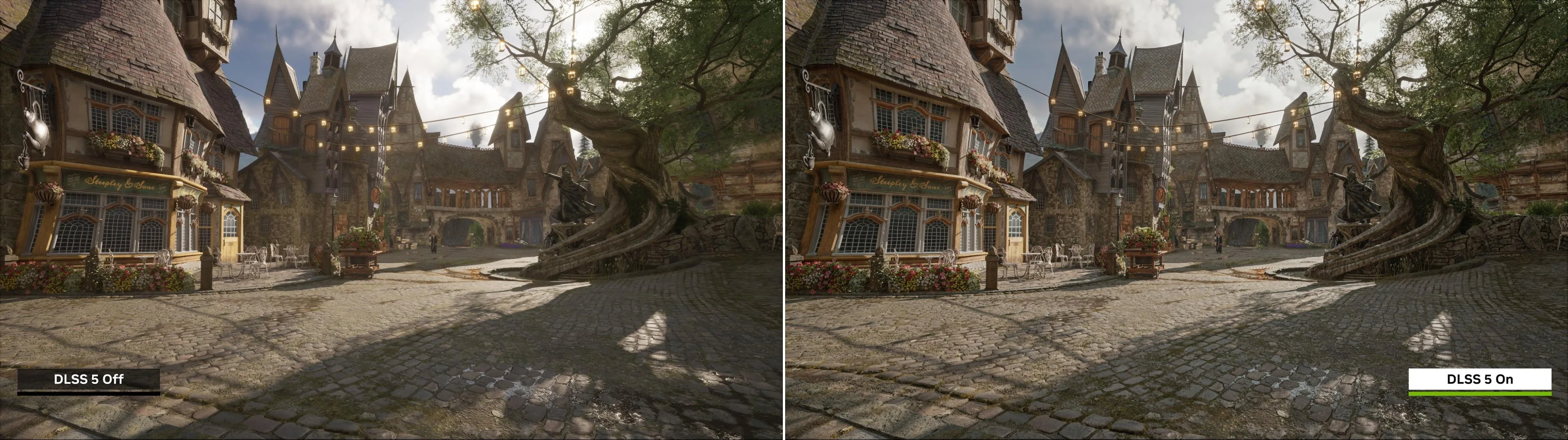 Side-by-side comparison of a cobblestone village square in Hogwarts Legacy. Left panel labeled “DLSS 5 Off” shows softer lighting and less detail. Right panel labeled “DLSS 5 On” shows sharper shadows, richer textures, and improved lighting throughout the scene.