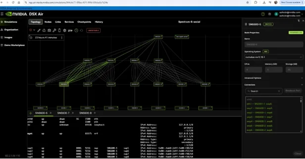 NVIDIA DSX Air interface showing a multi-tier network topology, node properties, and switch command-line output.
