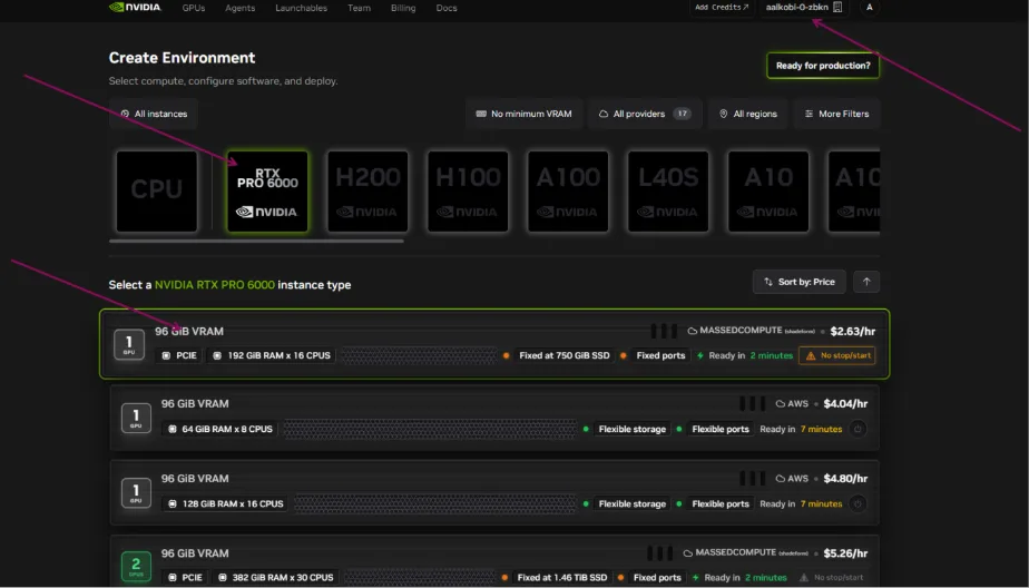 NVIDIA Brev Create Environment page with RTX PRO 6000 selected and a list of GPU instance options. Arrows highlight the GPU choice, an instance row, and the account context.