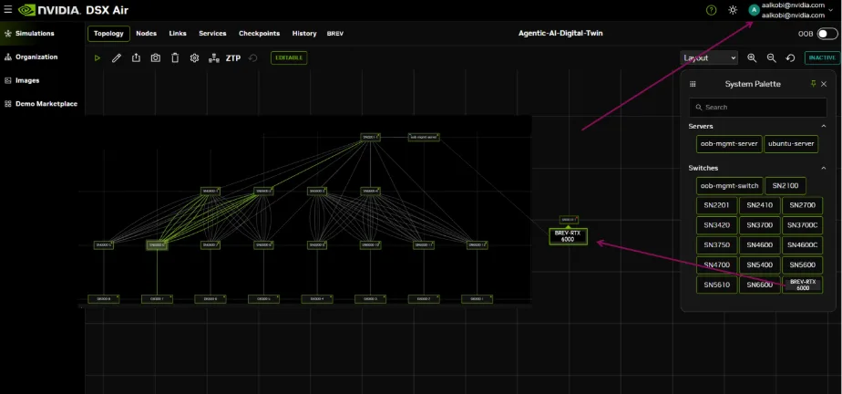 NVIDIA DSX Air topology editor showing a simulated network and a Brev RTX 6000 GPU node, with arrows highlighting the GPU node and the account context.