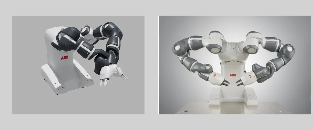 Simulated YuMi at left and ABB reference photograph at right show the white body, dark gray arm sections, and wrist-mounted grippers for appearance comparison.