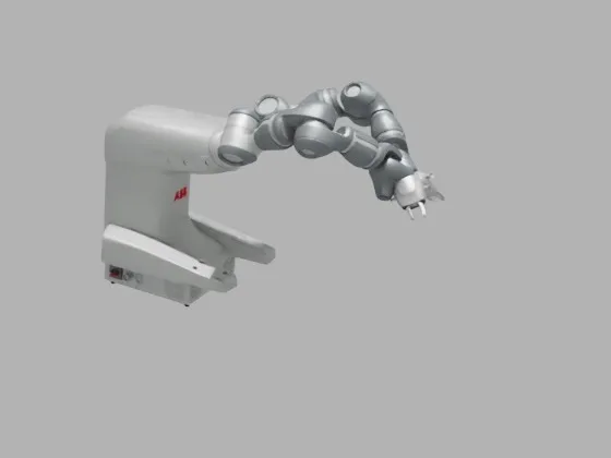 YuMi model with two bent arms and grippers attached at both wrists, shown mostly light gray before materials are refined.
