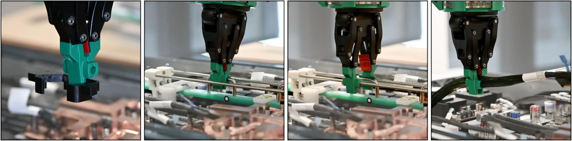 Four photographs of multi-purpose gripper fingers grasping different parts on the GB300 assembly setup, left to right: the limit fixture, the busbar handle, the release mechanism for the busbar clamp, and a cable.