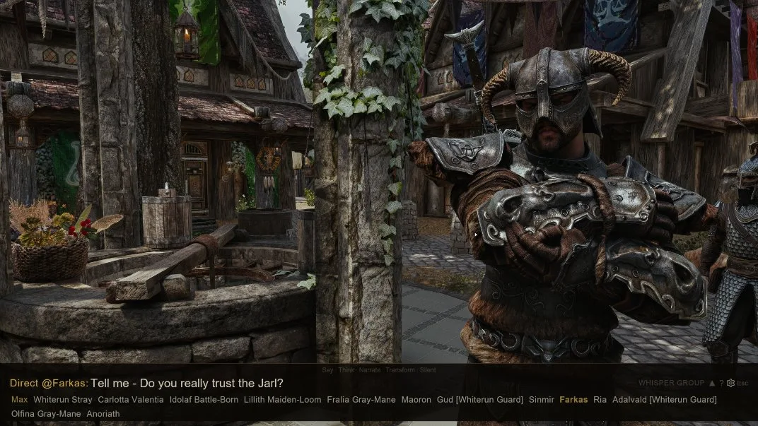 A Skyrim village scene showing an armored NPC named Farkas in the foreground. An on-screen chat interface shows the player asking “Do you really trust the Jarl?” with a list of nearby NPCs visible at the bottom of the screen.