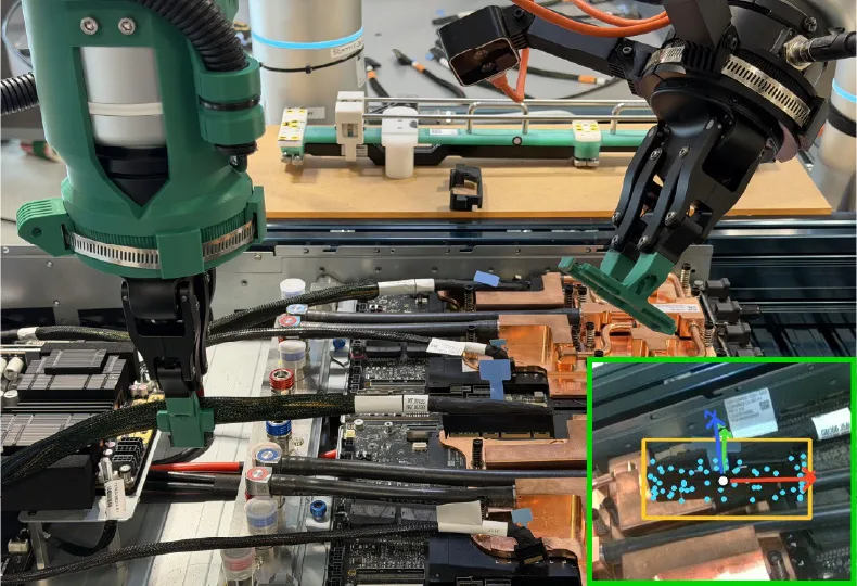 Two robotic grippers above cable connectors in a server tray. An inset highlights a connector with a yellow box, cyan tracking points, and colored 3D coordinate axes.
