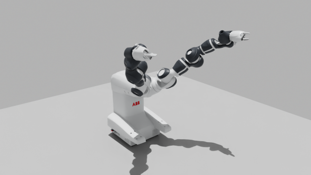 YuMi in two poses: grippers pointing downward at left, and arms raised with one extended diagonally outward at right.
