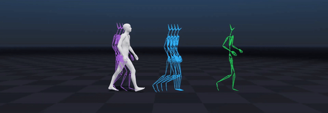 A white human figure runs across a dark floor, with colored skeletons showing motion context and target poses.
