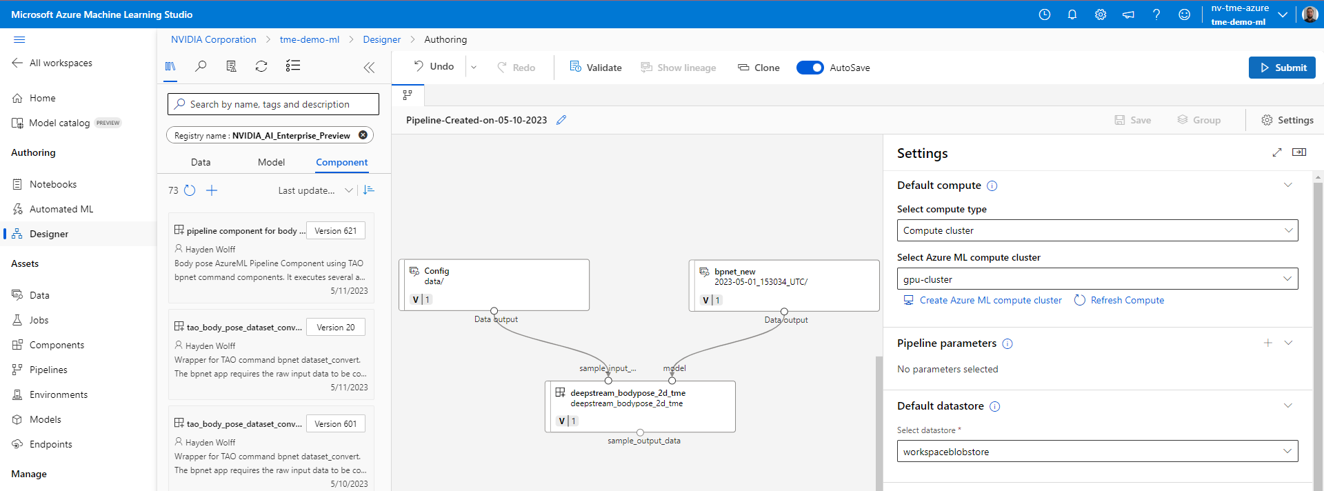 Screenshot of Azure Machine Learning creating pipelines with NVIDIA AI Enterprise components.
