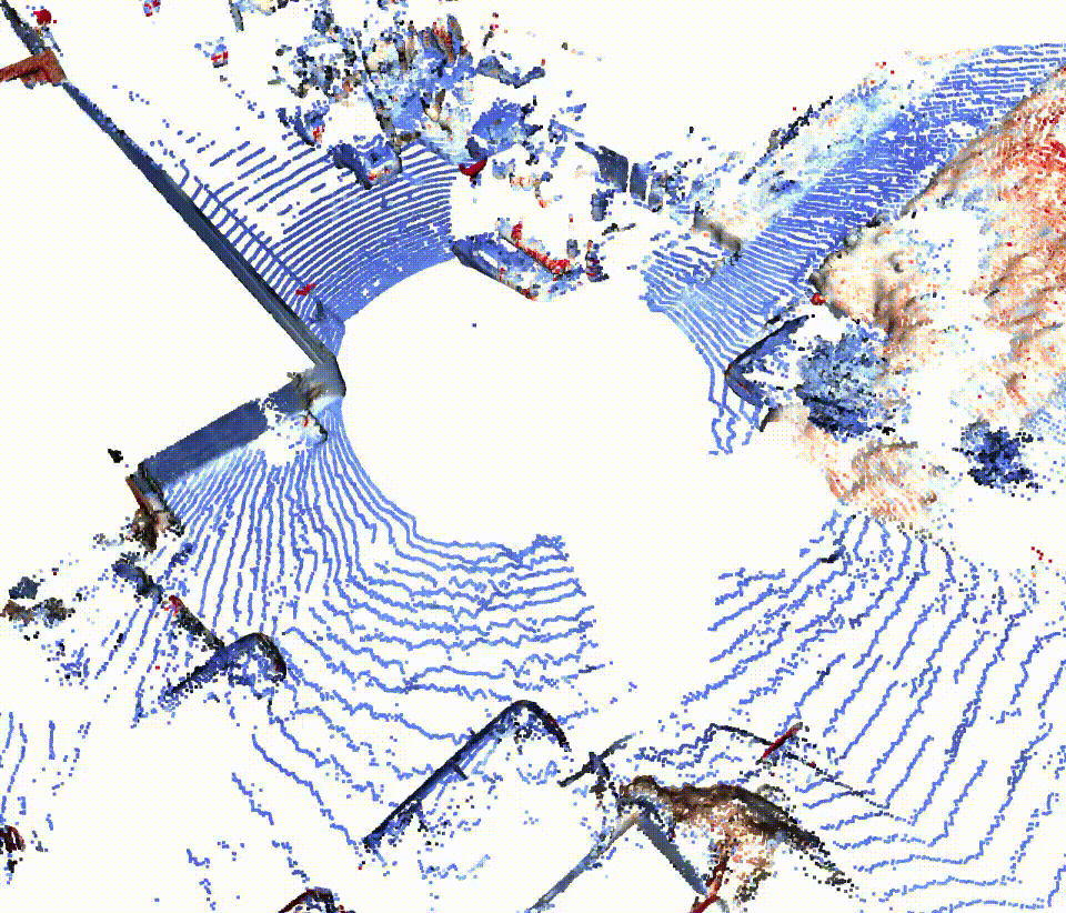 GIF showing 360-degree lidar point cloud returns of a driving scene with cars and free space.