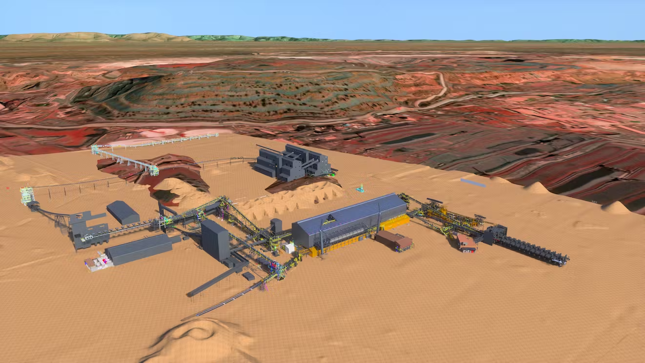 A digital twin of an iron ore mining facility modeled in Cesium for Omniverse with precise geospatial context.