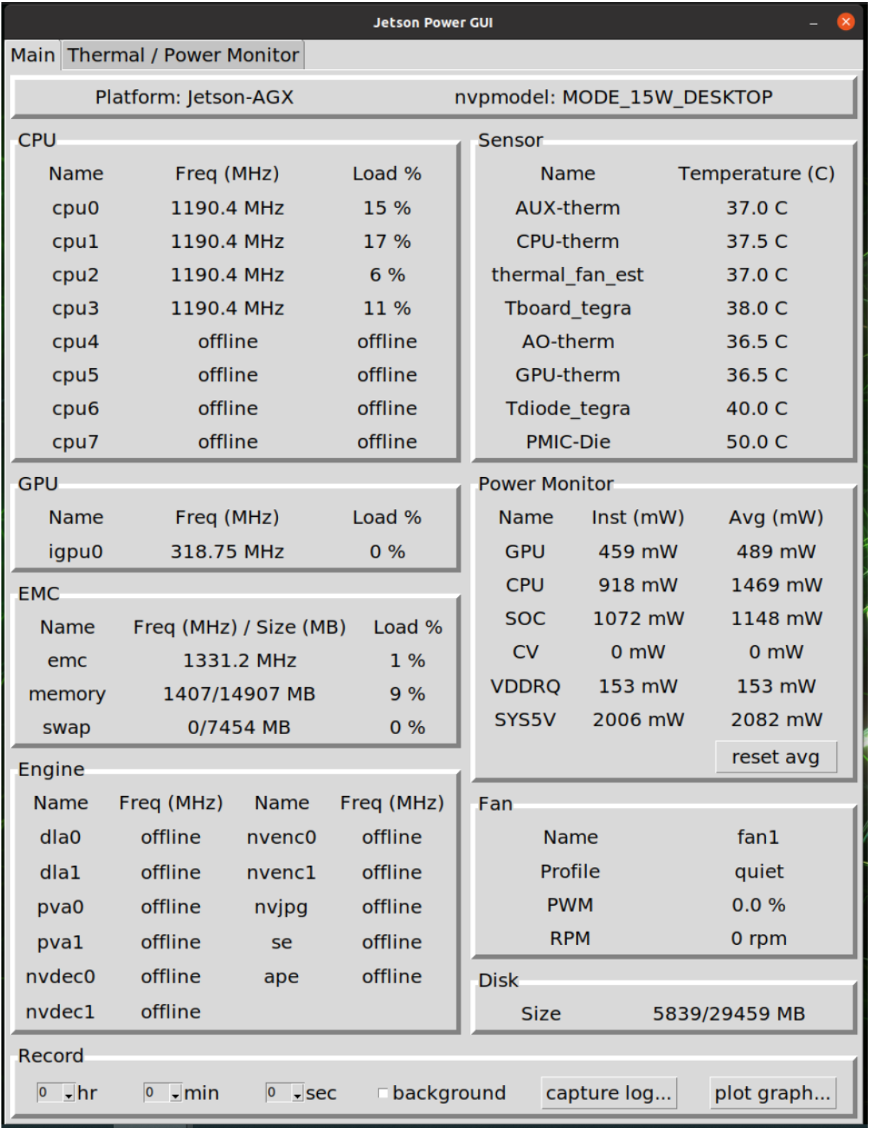 Screenshot shows information about GPU/CPU utilization as well as power metrics.