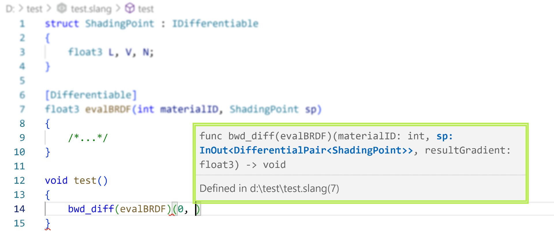 Screenshot of Slang’s Visual Studio Code extension showing the function signature of a backward-differentiated function at its call-site.