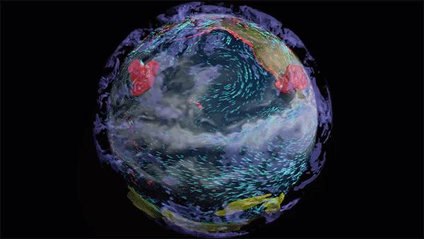 A gif showing spinning surrogate model of the Earth with bright colors indicates extreme weather events across the planet’s surface.
