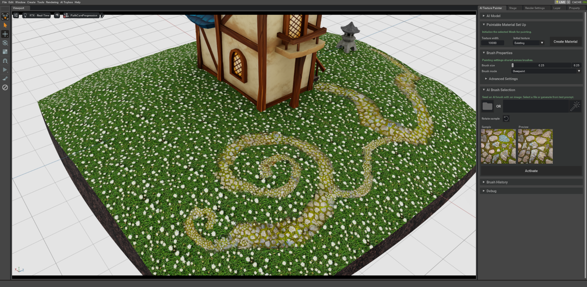 NVIDIA Omniverse interface showing a scene with a grass meadow and a house. A windy stone path goes through the meadow and includes swirls with varying stone sizes.