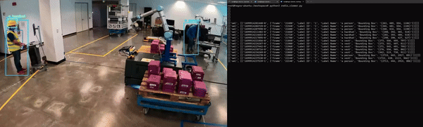 GIF shows the generative AI application detecting various objects like boxes, pallets, and people. 