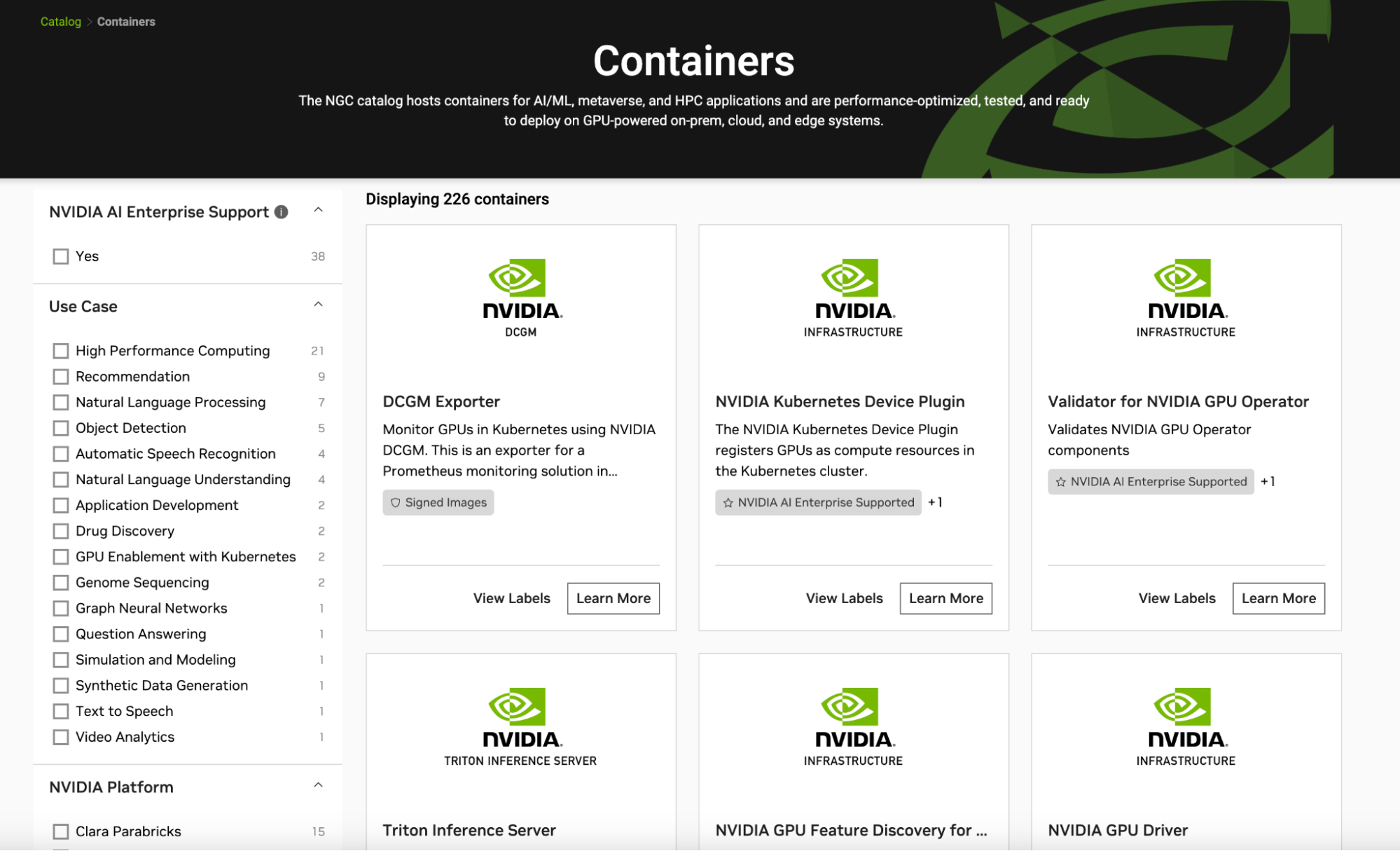 Screenshot of the available containers for various use cases on the NGC catalog.