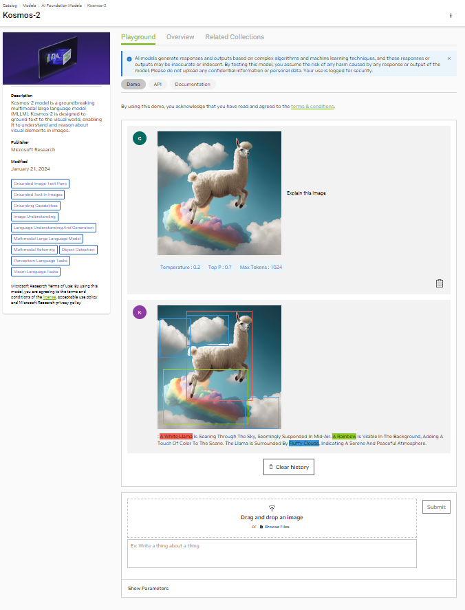 Kosmos-2 model is running in the NGC catalog user interface, where the model identifies various objects in the image, places bounding boxes around them, and then generates appropriate responses for the user prompts.
