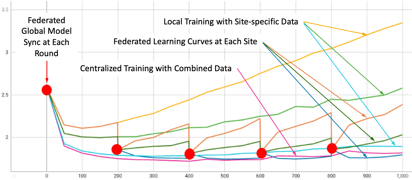 Graph showing the validation curves for local-only training on various datasets. 
