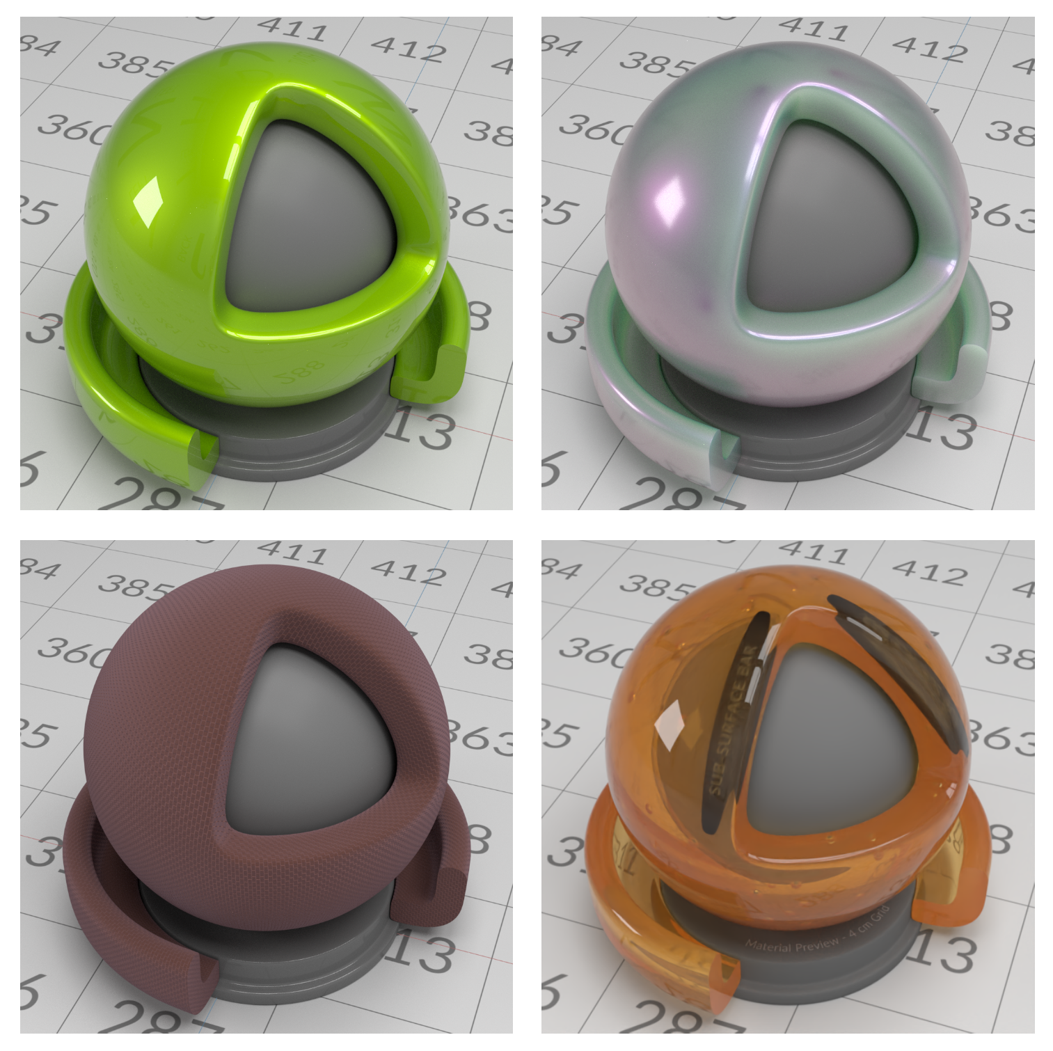 Four examples of OpenPBR materials rendered in Omniverse RTX.
