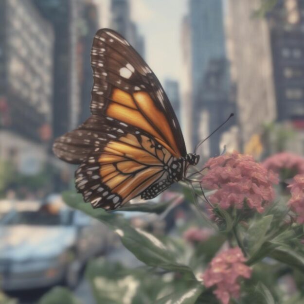 Right image shows butterfly on pink flowers and a background of urban landscape with tall buildings.