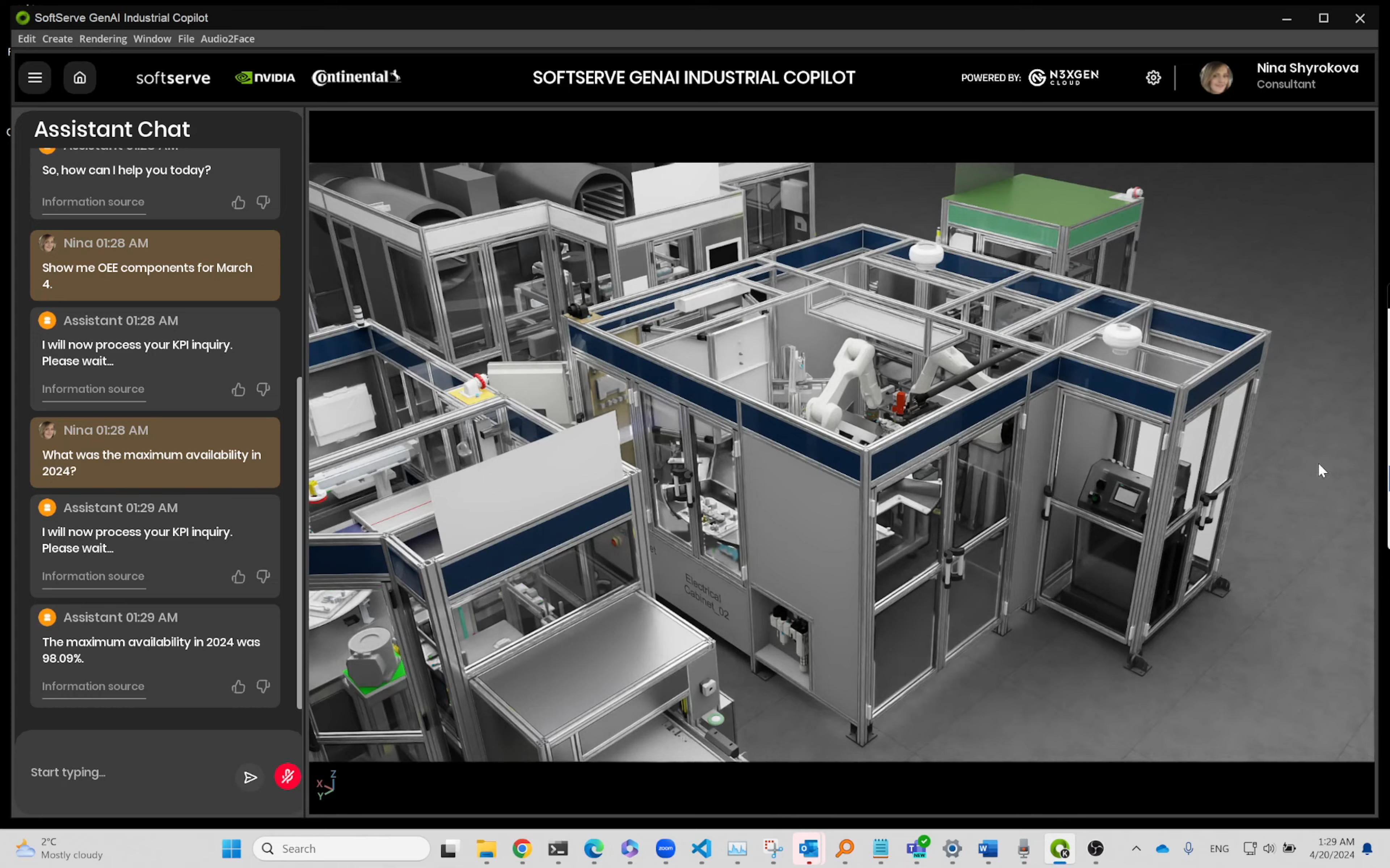 Screenshot of SoftServe Industrial Co-Pilot. The left pane is a chat window. The right pane is a 3D model of a factory. The chat window has a text input field at the bottom. The 3D model has a toolbar at the top. The toolbar has buttons for zooming, panning, and rotating the model.