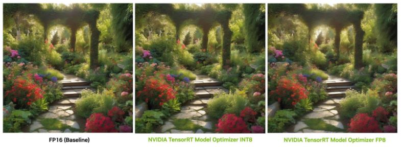 Three side-by-side images of a garden with stone path and flowers with nearly identical image quality: FP16 baseline image (left); NVIDIA TensorRT Model Optimizer INT8 image (middle); NVIDIA TensorRT Model Optimizer FP8 (right).
