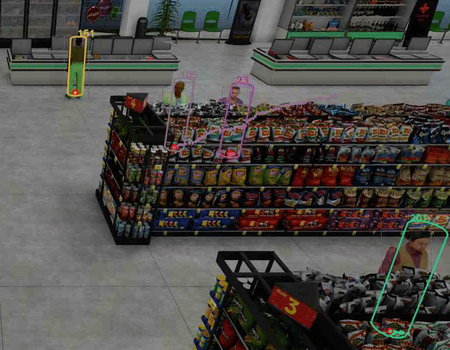 An animated gif of the interior of a retail store showing human characters being tracked with cylindrical human models as overlays.