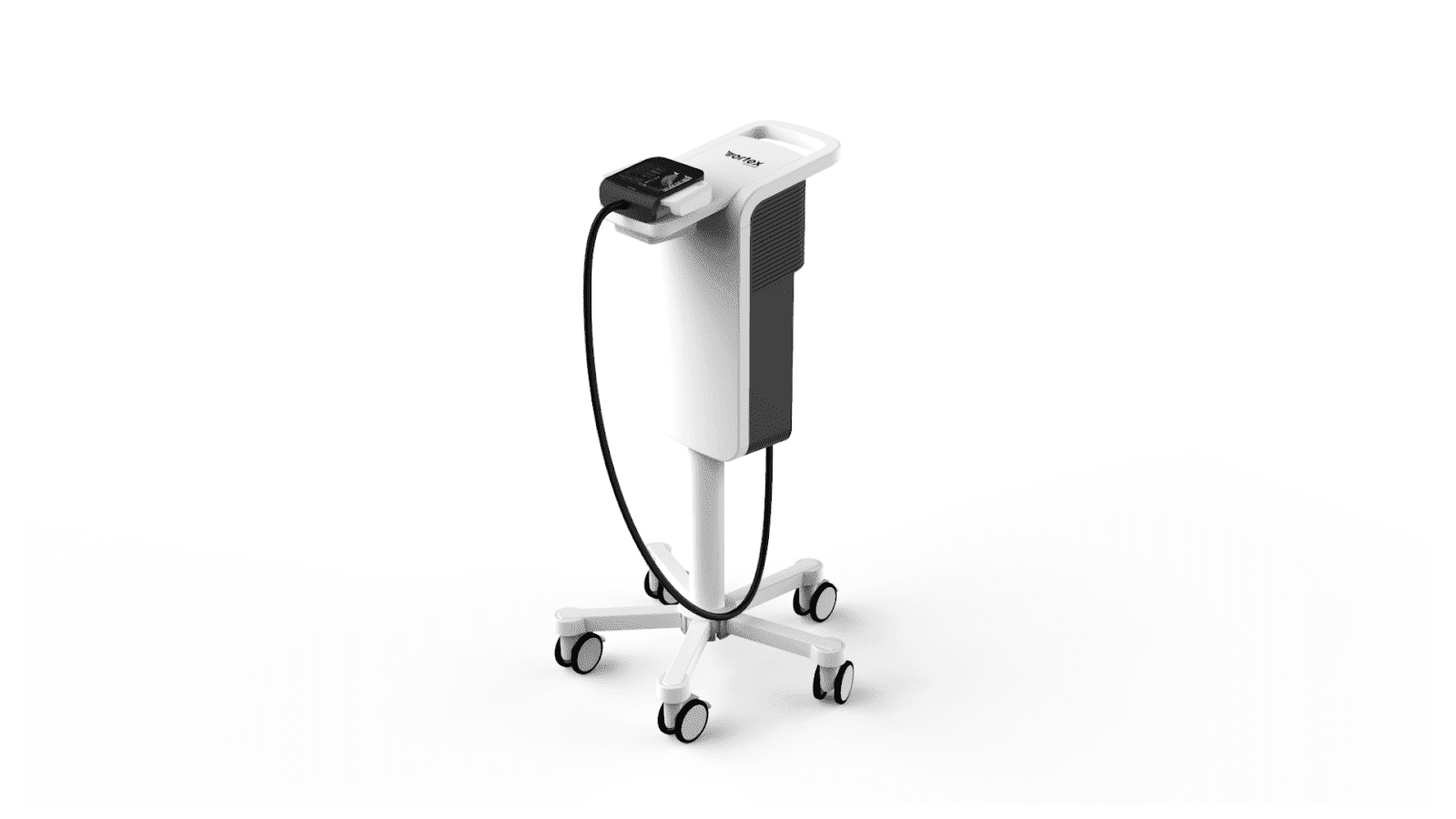 A black and white imaging machine set against a white background. The Vortex360 imaging device is about the size of a gaming console and sits on top of a waist-high cart with wheels. 
