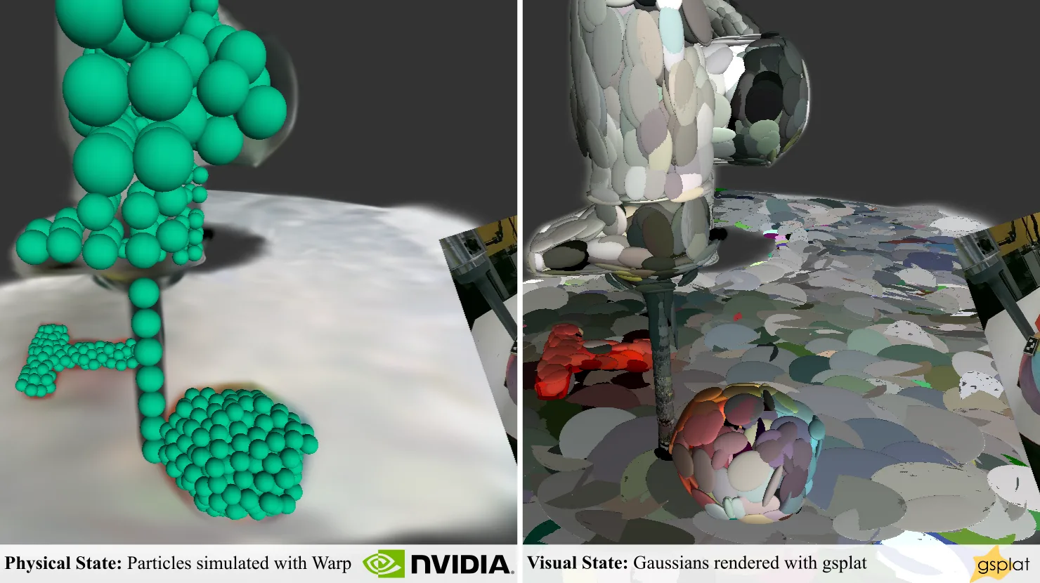 Two images showing a robot interacting with tabletop objects. 