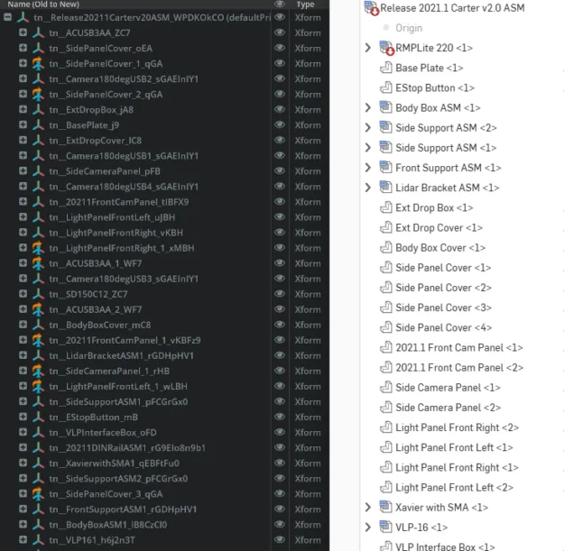 Screenshot side-by-side comparison of hierarchy in Omniverse and OnShape.
