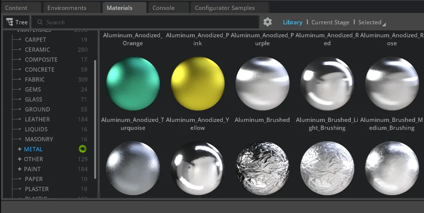 Screenshot of the Materials section in Omniverse, showing various aluminum spheres with different colors and effects.
