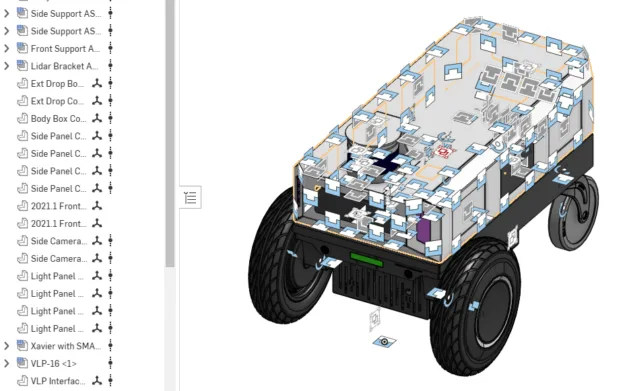 Screenshot of a wheeled object CAD asset with components.
