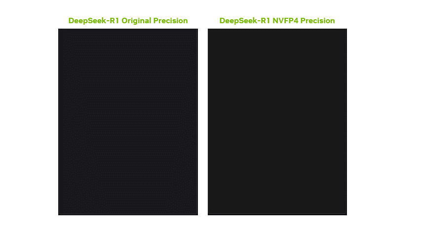 Side‑by‑side comparison of DeepSeek‑R1 chat responses at different precisions, demonstrating that NVFP4 maintains response fidelity while enabling faster inference performance.