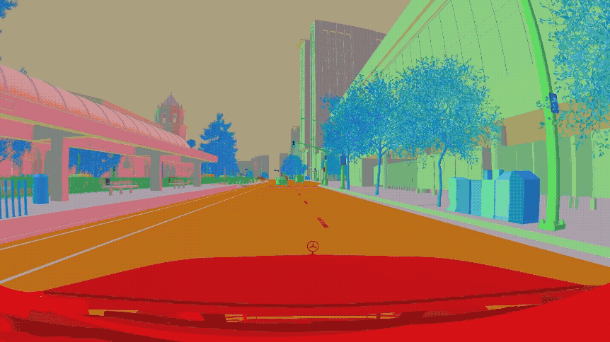 A GIF swiping from a semantic view of a driving scene to a sunny fall day.
