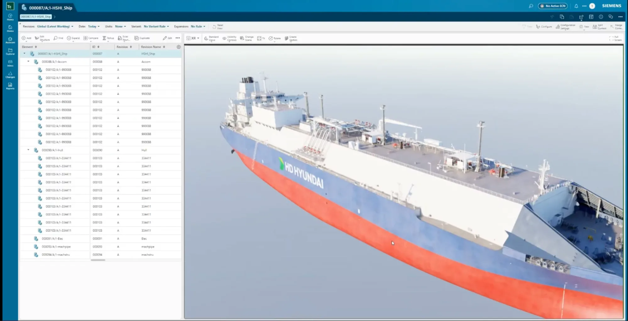 3D model of HD Hyundai ship in Siemens Teamcenter with part list and digital twin interface.