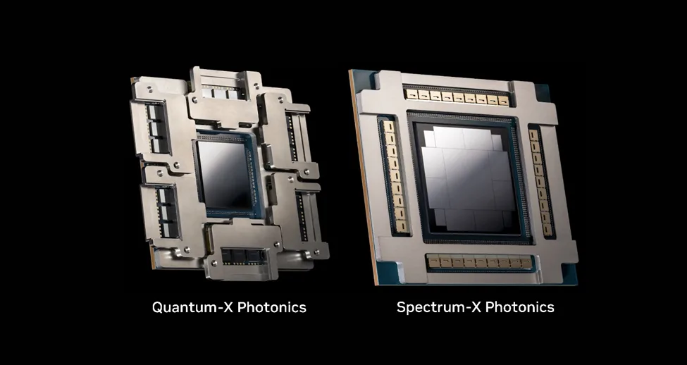 A photo of the NVIDIA Quantum-X Photonics and Spectrum-X Photonics packages pictured side-by-side.