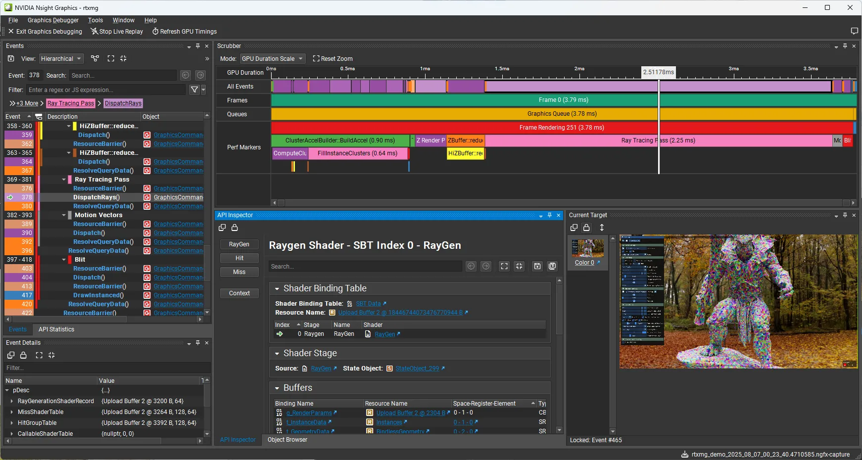 Screenshot of NVIDIA Nsight Graphics inspection of RTX Mega Geometry.

