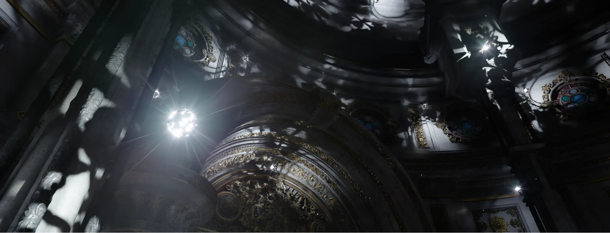 Interior of the ceiling area of a cathedral-like structure with light entering through a small window.