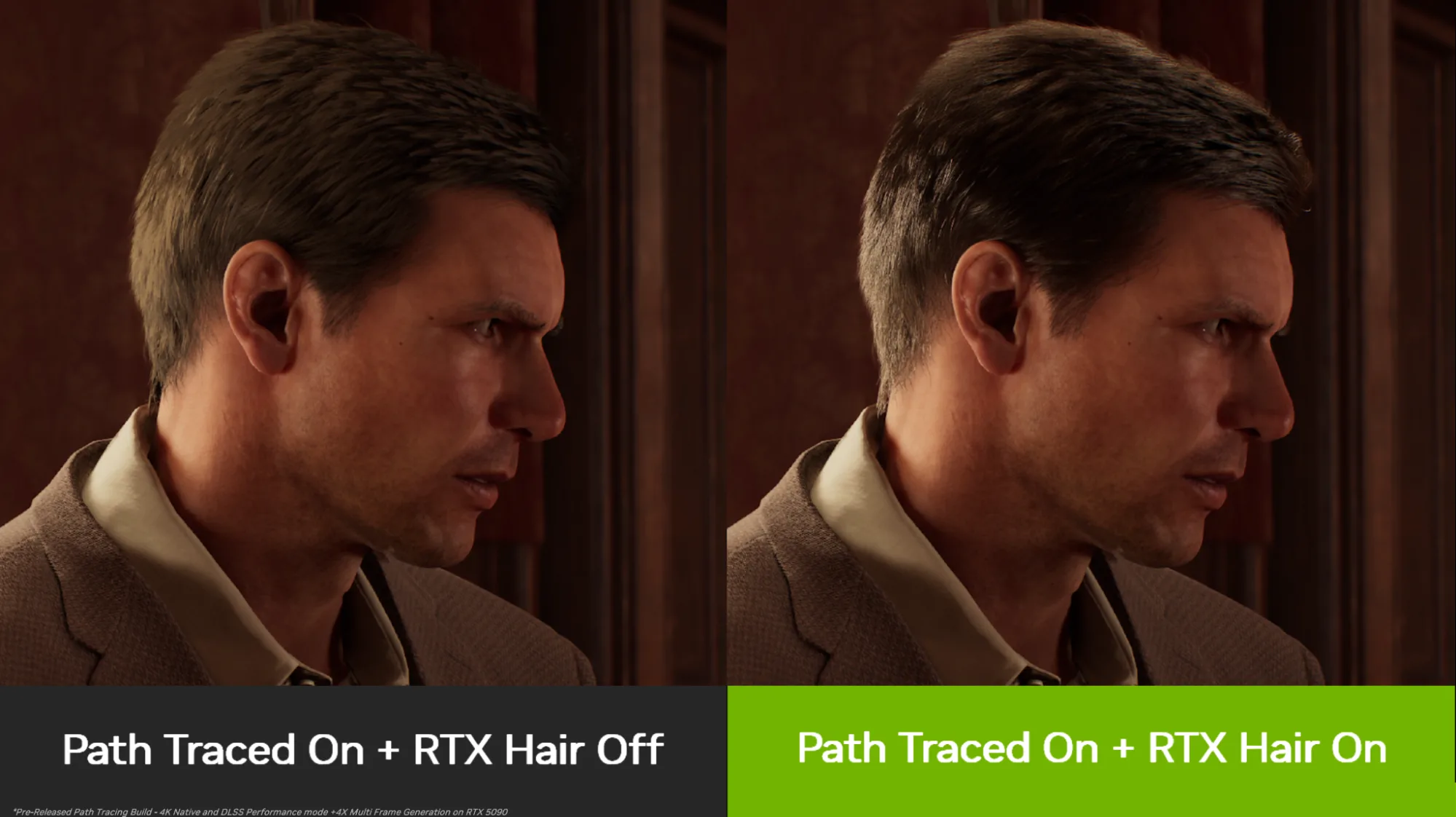 Side-by-side images of a man. Image on the left is labeled ‘Path Traced On + RTX Hair Off’.’ Image on the right is labeled ‘Path Traced On + RTX Hair On.’
