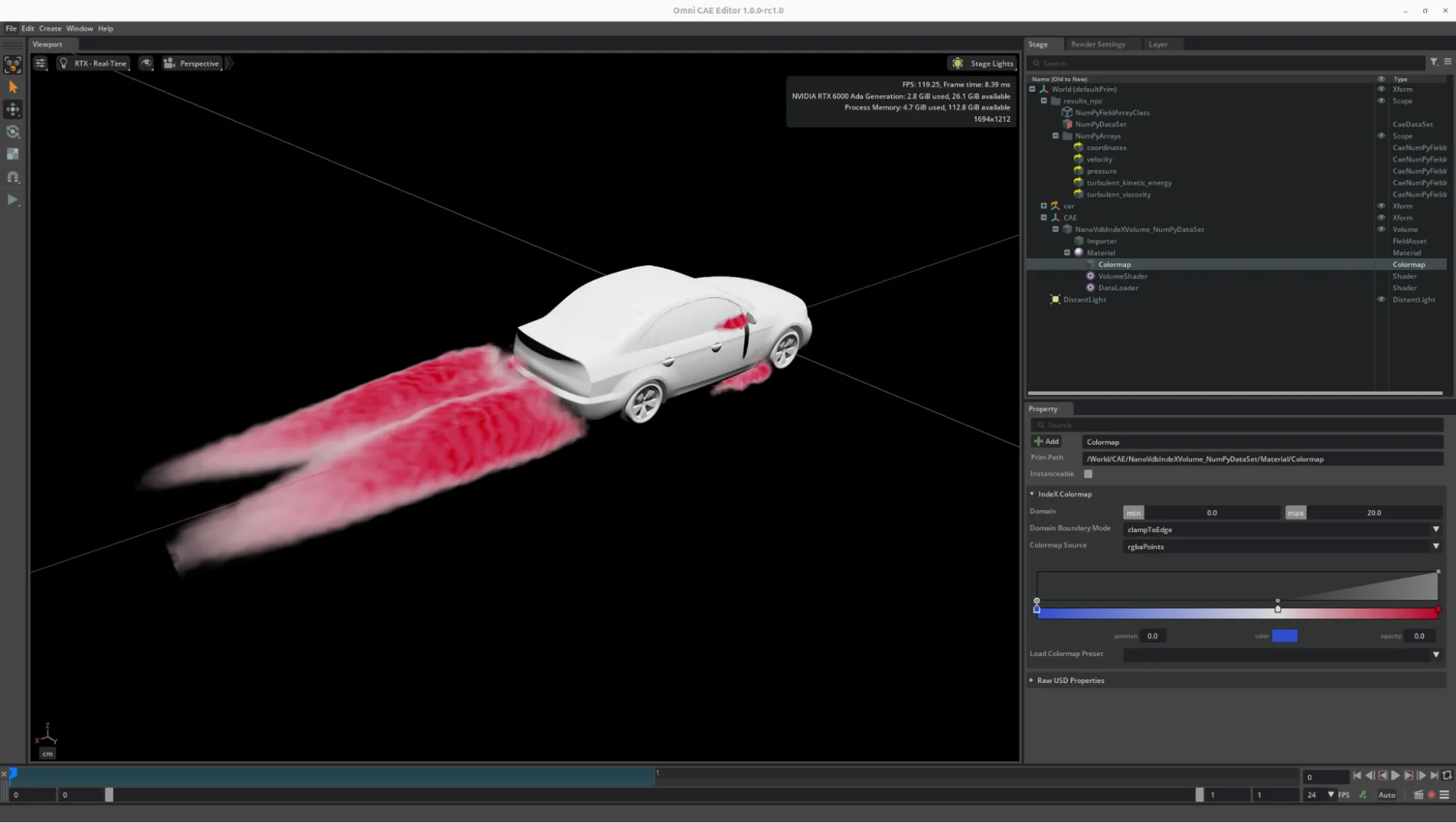 Screenshot showing a volume visualization of a predicted turbulent kinetic energy field using Kit-CAE. 

