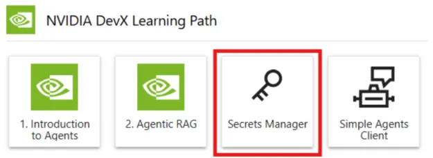 A screenshot of the Secrets Manager tile under NVIDIA DevX Learning Path.