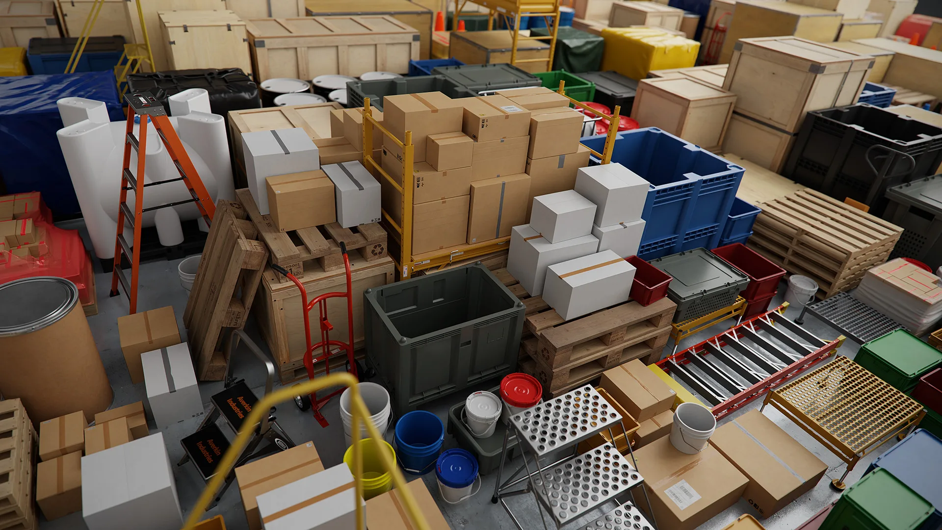 A digital image of boxes, buckets, bins, and ladders.