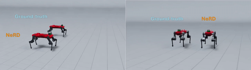 Two side-by-side images showing how well the NeRD-integrated simulator compares to a classic simulator. In both cases, the robot using the NeRD-integrated simulator shows the same, gait, and speed as the classic simulator. 
